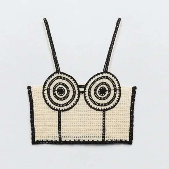 NWT BLOG FAVE Zara Crochet Cream Black Corset Crop Top Festival Coachella size S - Picture 6 of 16